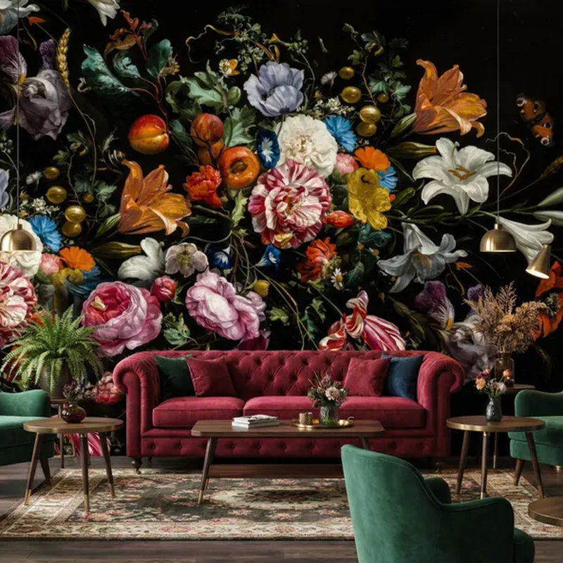 Dark botanical wallpaper used as a dramatic feature wall